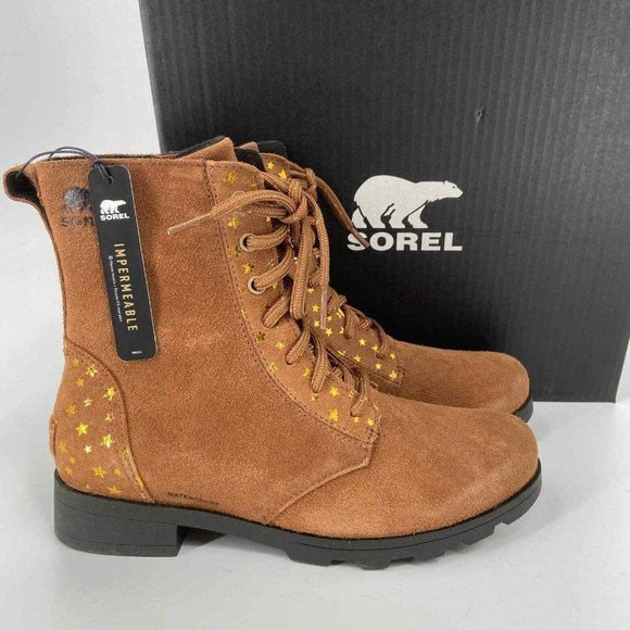 Sorel Emelie Boots Waterproof Leather Combat Shimmer Stars Tan Girl's Si… - Picture 1 of 12